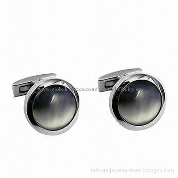 Stainless steel cufflinks with grey opal